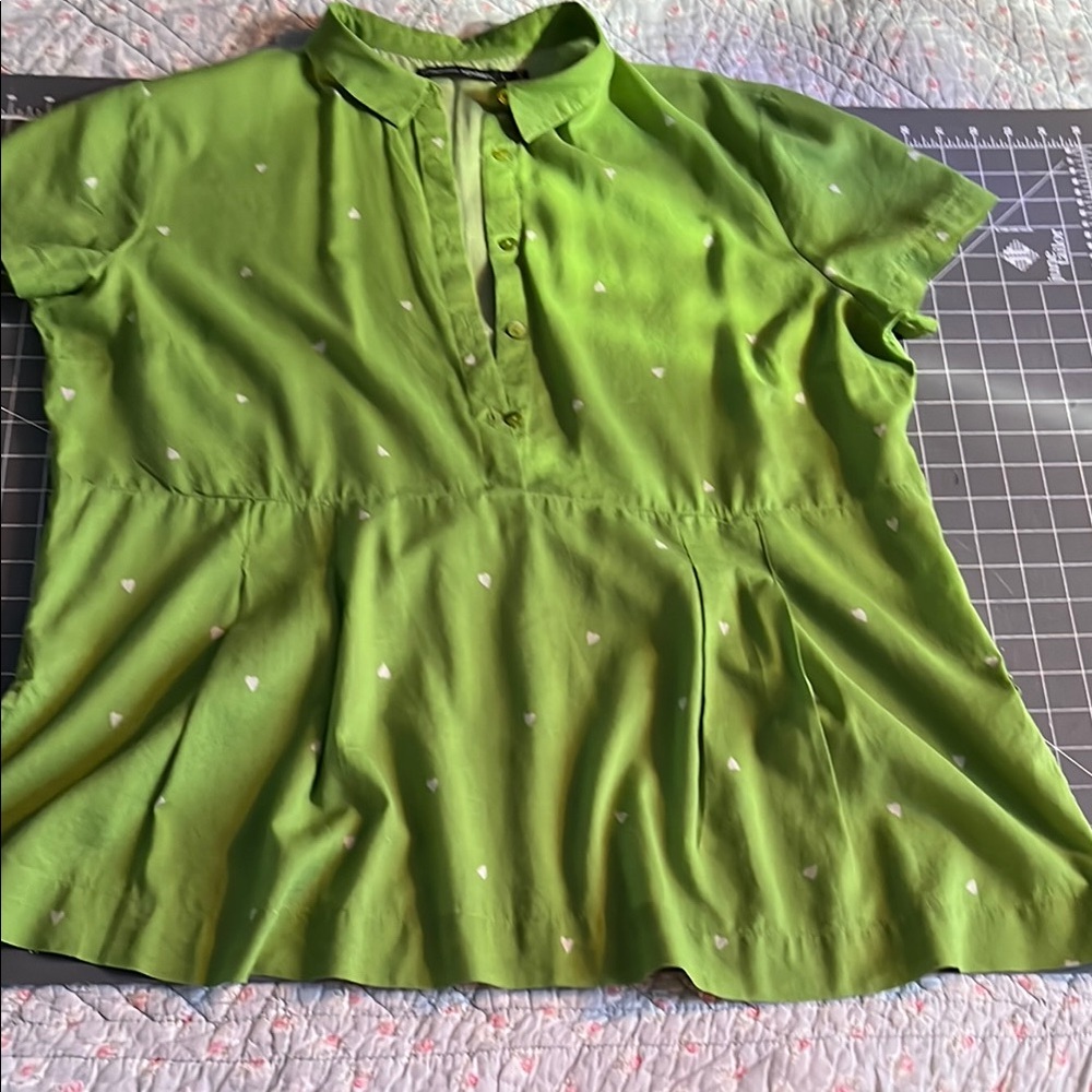 Lime-green shirt, super light weight, tiny hearts dot this cheery top